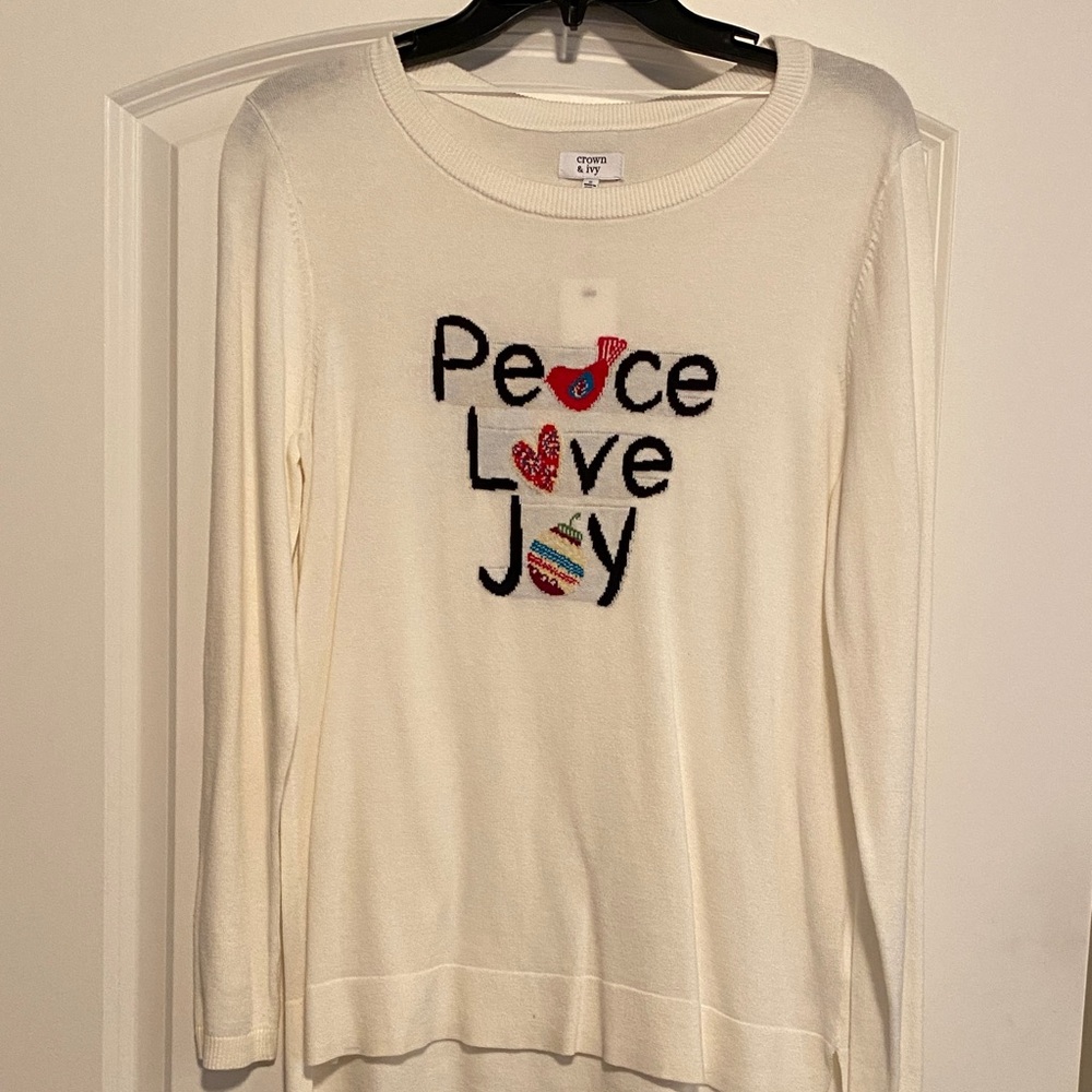 Crown and Ivy Christmas sweater with Peace Love Joy Design NWT size Small